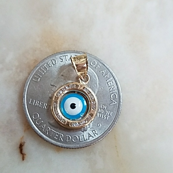 14k Yellow Solid Gold Round Evil Eye Pendant - Picture 2 of 9